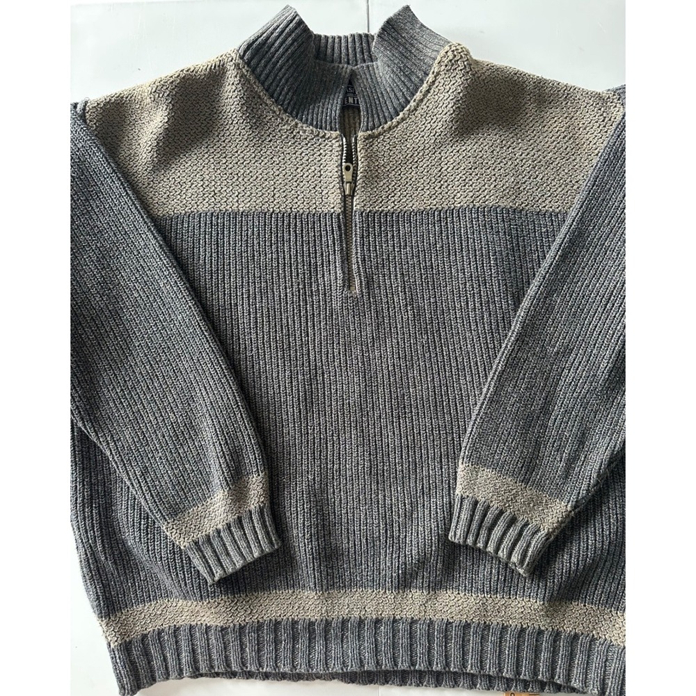 VTG John Ashford Adventure Mens Med Quarter Zip Ribbed Knit Sweater Grey Tan USA